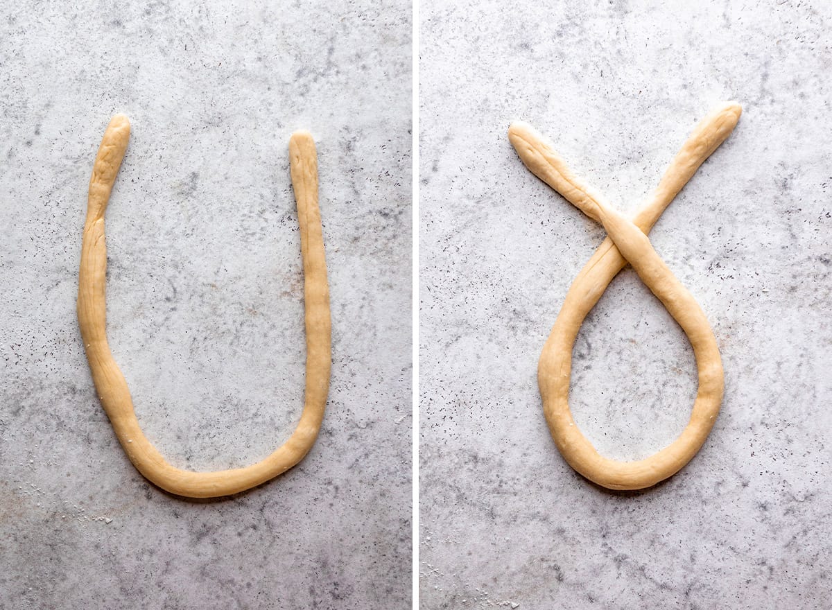 two photos showing how to make soft pretzels - folding the dough