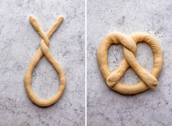 two photos showing how to make soft pretzels - forming the pretzel