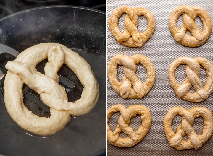 two photos showing how to boil a soft pretzel in a water bath and then the pretzels on a baking sheet sprinkled with salt