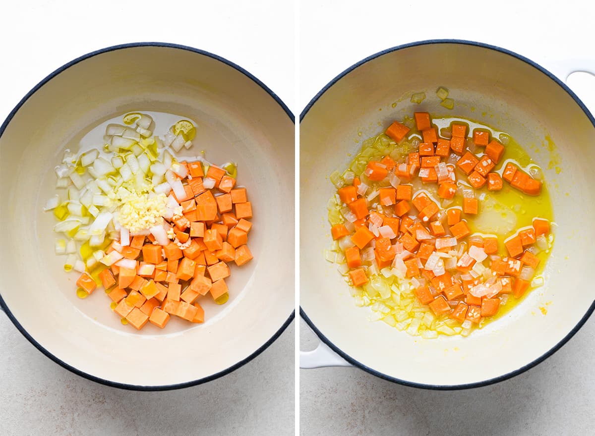 two photos showing How to Make Vegetarian Chili - cooking garlic, onions, and sweet potatoes in olive oil