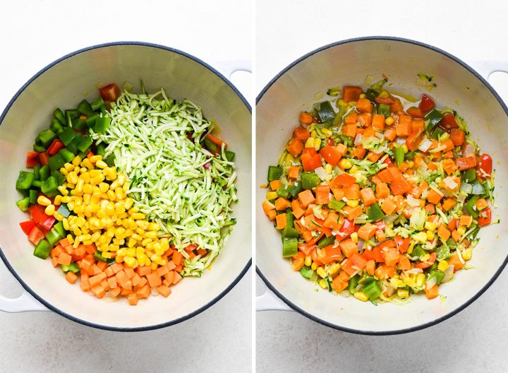 two photos showing How to Make Vegetarian Chili - adding corn, bell peppers and zucchini