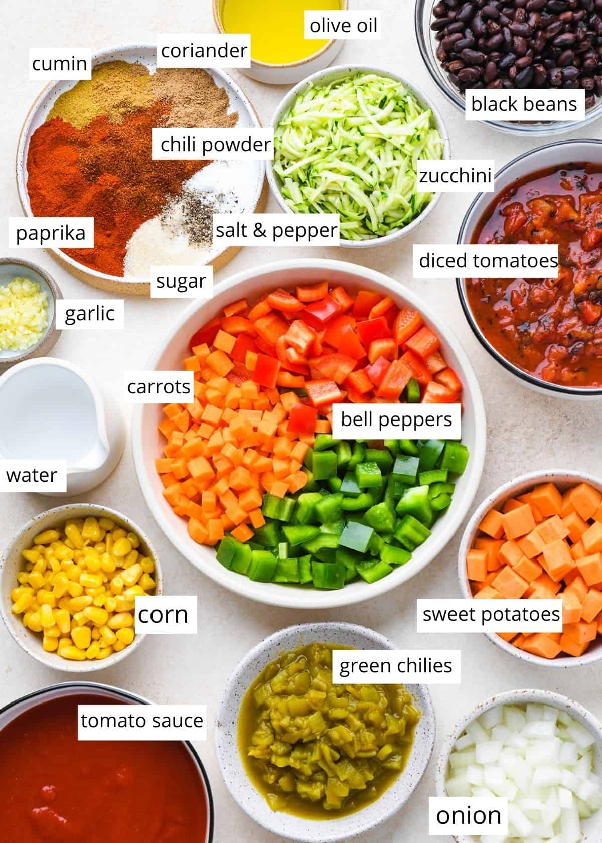 overhead view of the ingredients in this Vegetarian Chili Recipe 