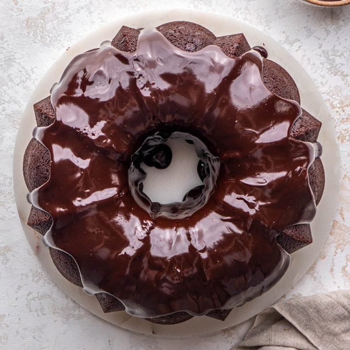 overhead view of a Chocolate Bundt Cake with a chocolate glaze