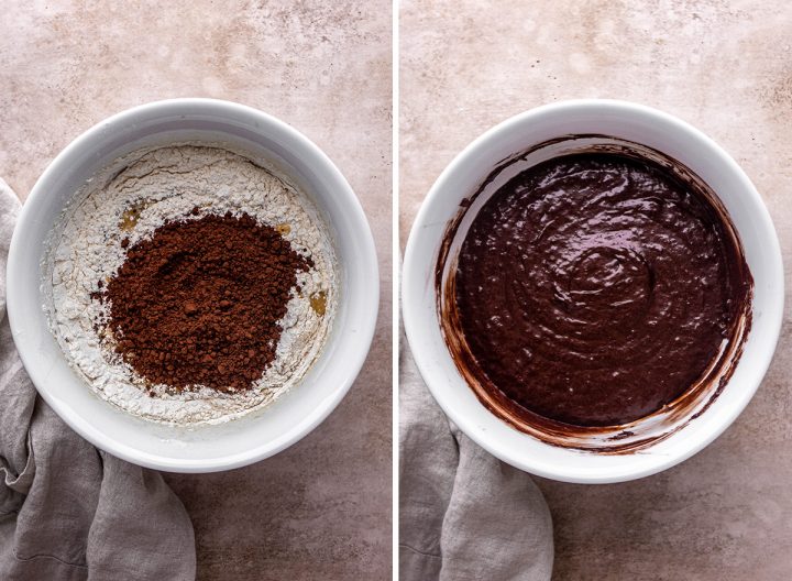 two photos showing how to make this Chocolate Banana Muffin recipe combining wet and dry ingredients