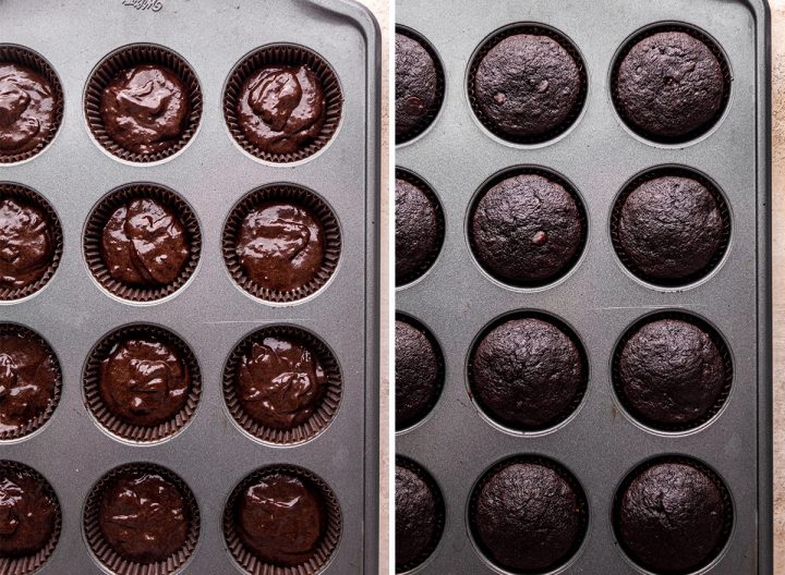 two photos showing chocolate banana muffins in the muffin tin before and after baking