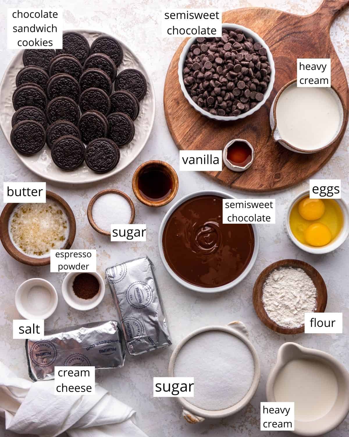 overhead view of the ingredients in this Chocolate Cheesecake Recipe