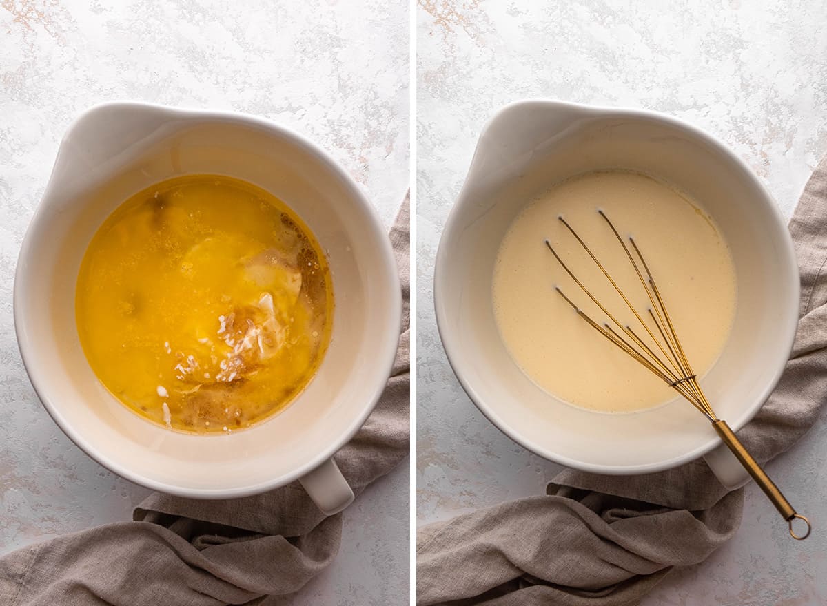 two photos showing How to Make a Chocolate Bundt Cake - whisking wet ingredients together