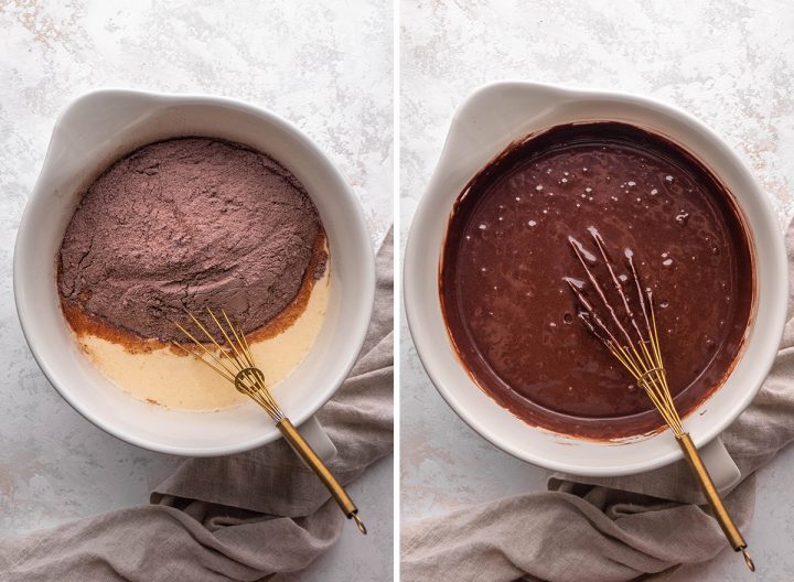 two photos showing How to Make a Chocolate Bundt Cake - combining wet and dry ingredients