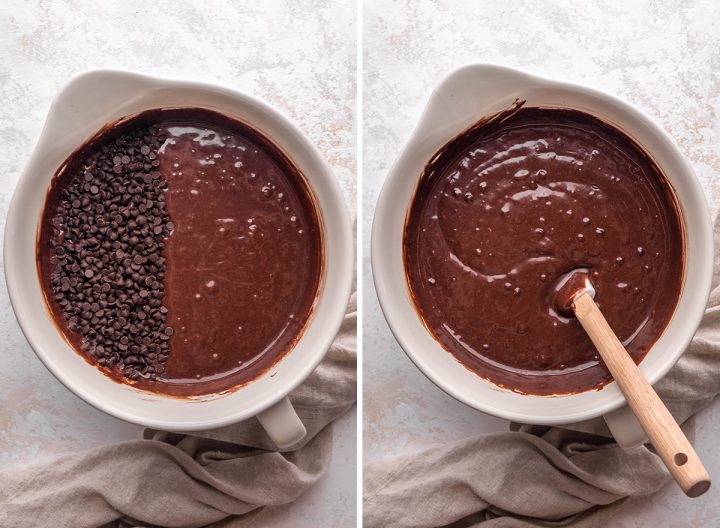 two photos showing How to Make a Chocolate Bundt Cake - mixing in mini chocolate chips