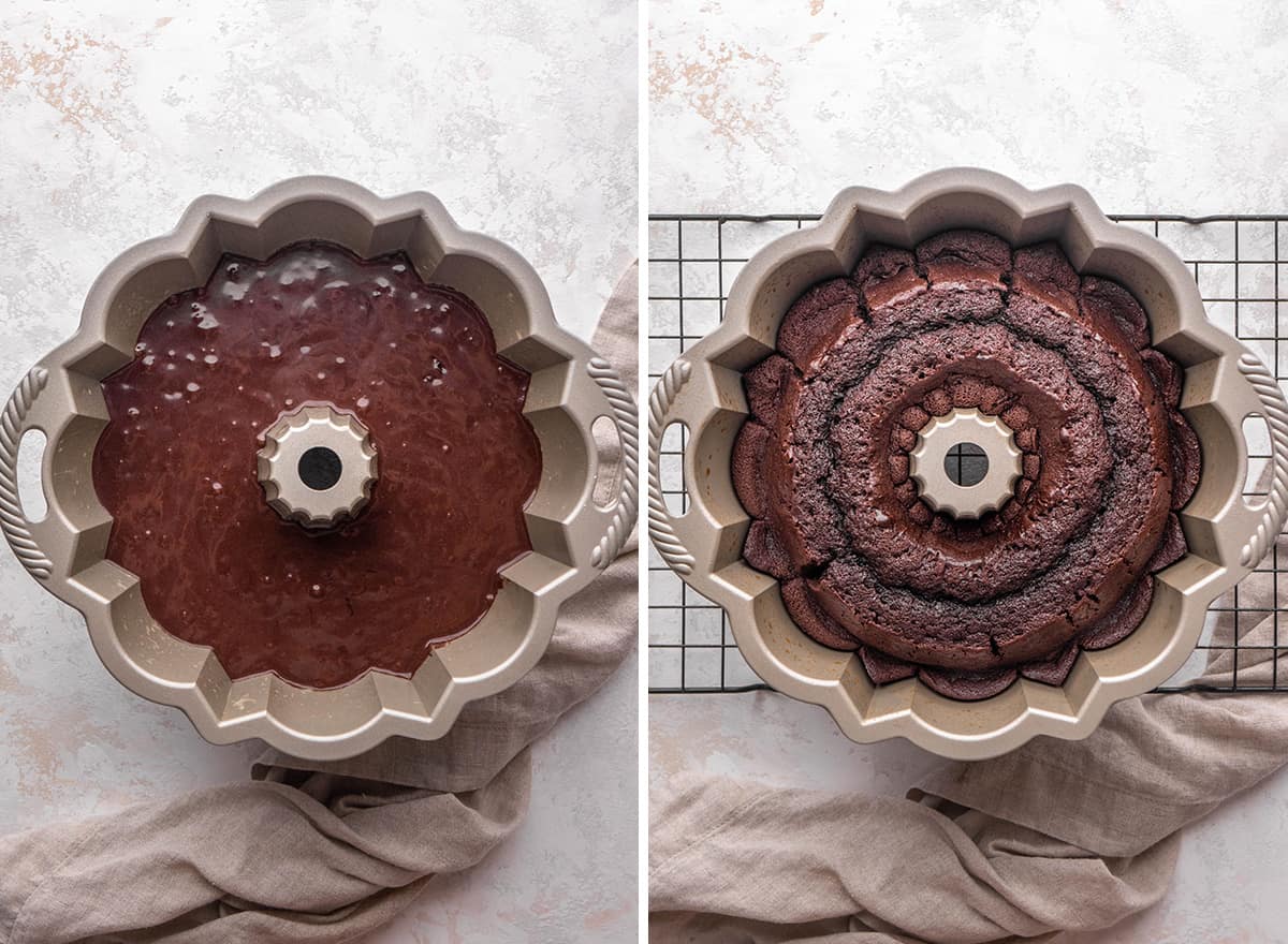 two photos showing How to Make a Chocolate Bundt Cake - batter in the pan before baking and then the baked cake in the pan after