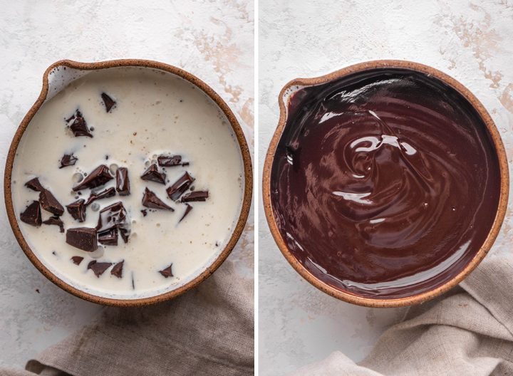 two photos showing How to Make a chocolate glaze for a Chocolate Bundt Cake