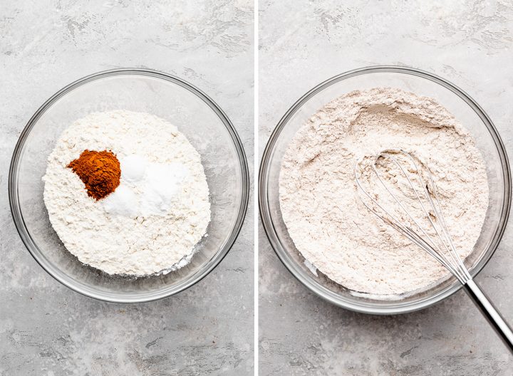 two photos showing How to Make Carrot cake - combining dry ingredients