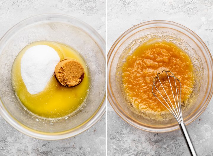 two photos showing How to Make Carrot cake - combining butter and sugars