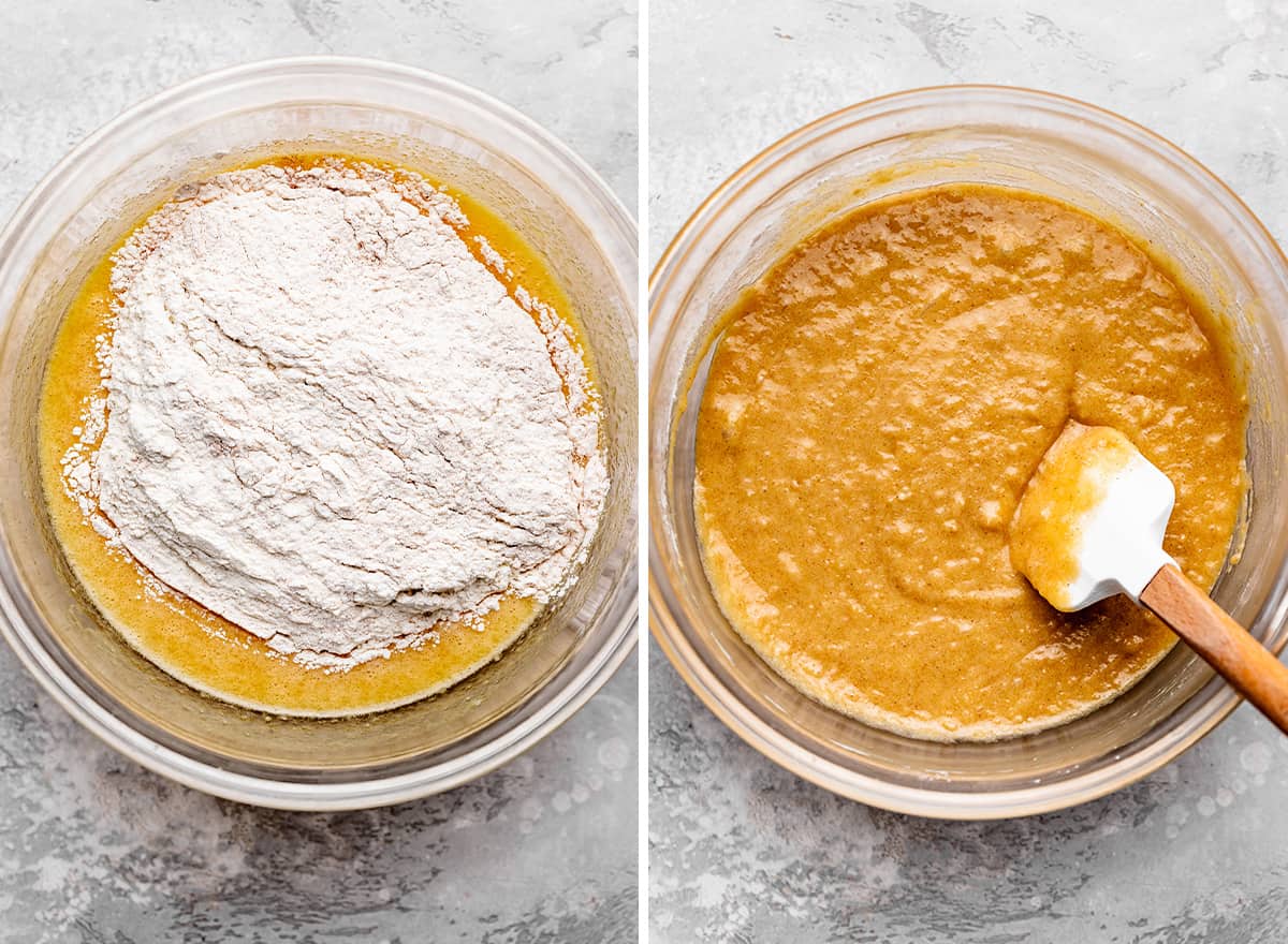 two photos showing How to Make Carrot cake - combining wet and dry ingredients