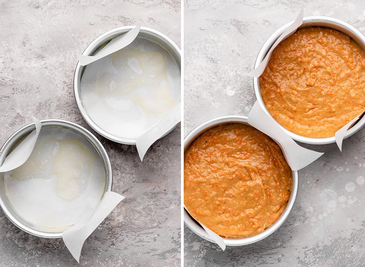 two photos showing How to Make Carrot cake - lining cake pans and dividing batter between them