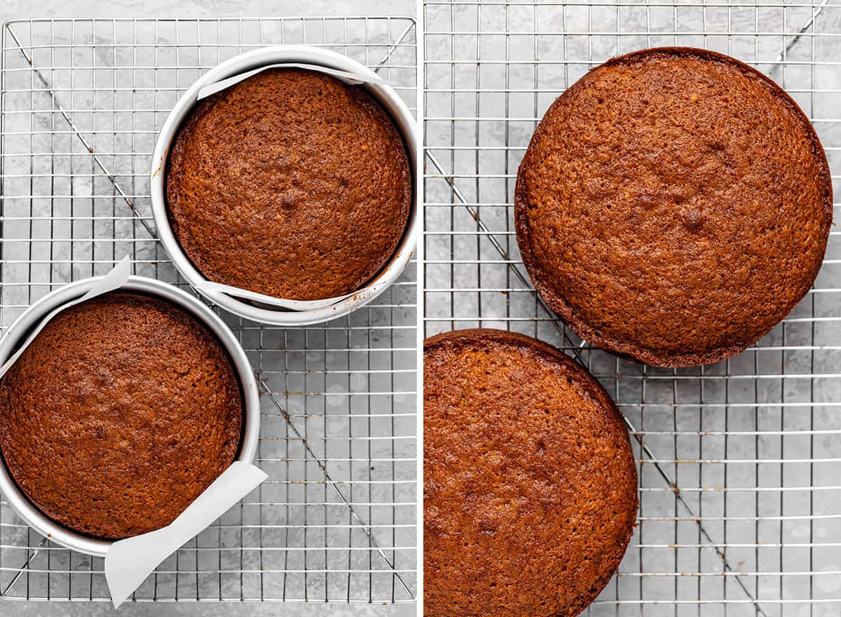 two photos showing How to Make Carrot cake - cakes after baking in pans and on a wire cooling rack