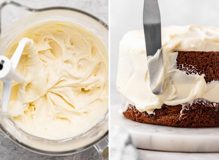 two photos showing How to Make Carrot cake - frosting the carrot cake with cream cheese frosting