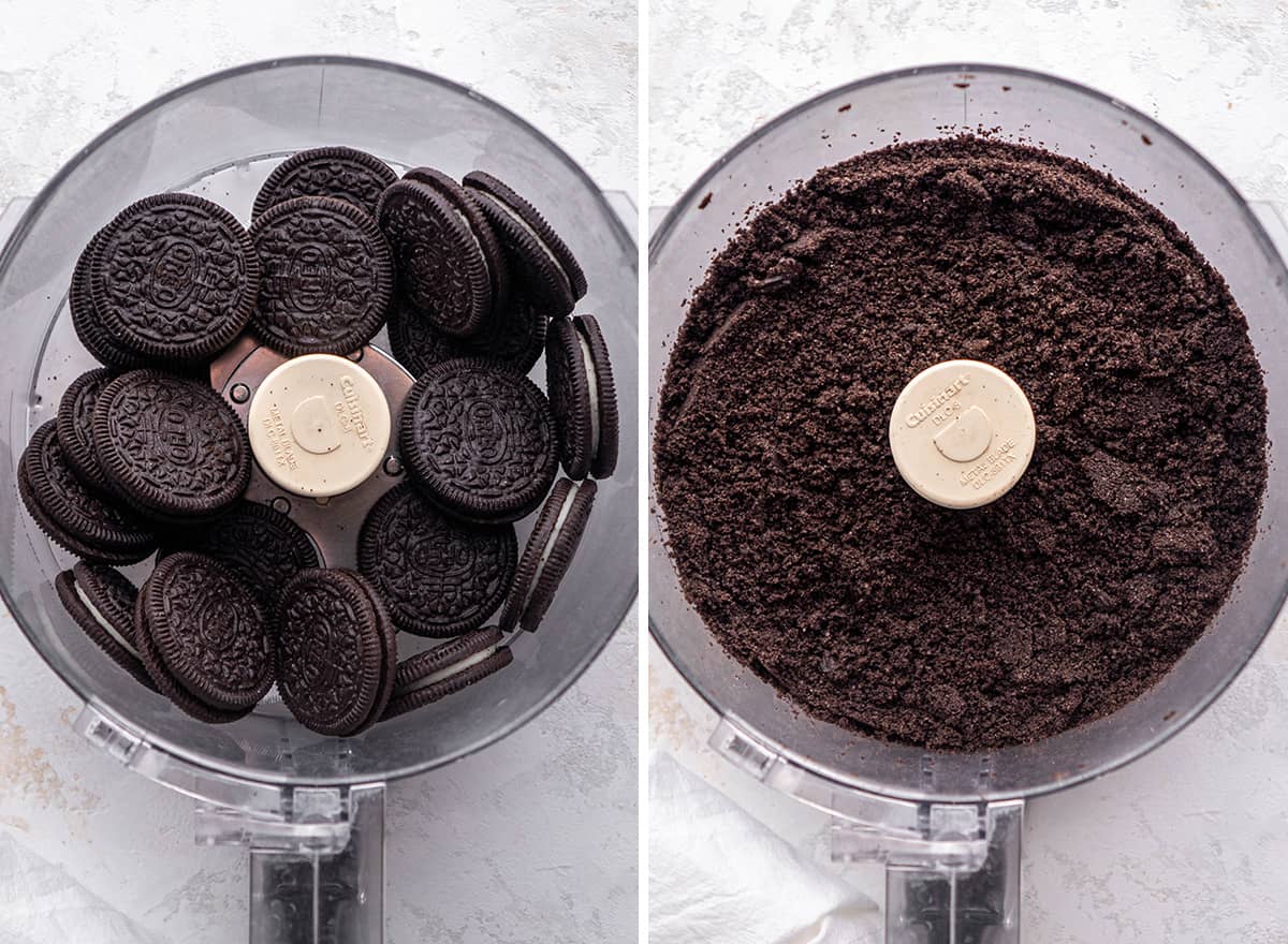 two photos showing How to Make Chocolate Cheesecake - crushing Oreos in a food processor for the crust