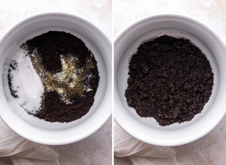 two photos showing How to Make Chocolate Cheesecake - making the Oreo crust