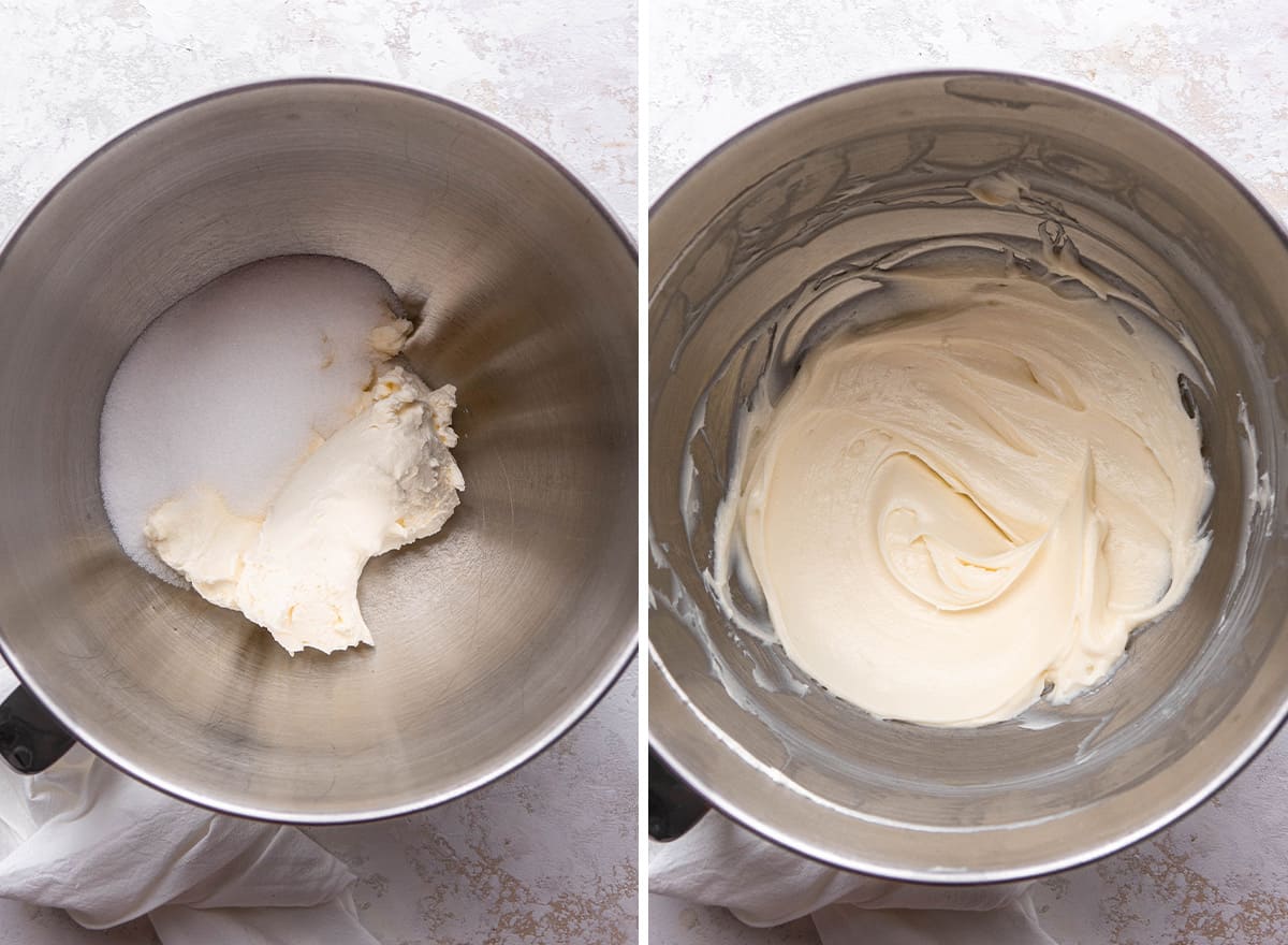 two photos showing How to Make Chocolate Cheesecake - making the filling