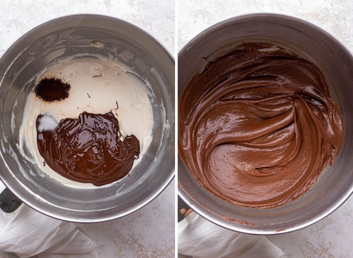 two photos showing How to Make Chocolate Cheesecake - making the filling