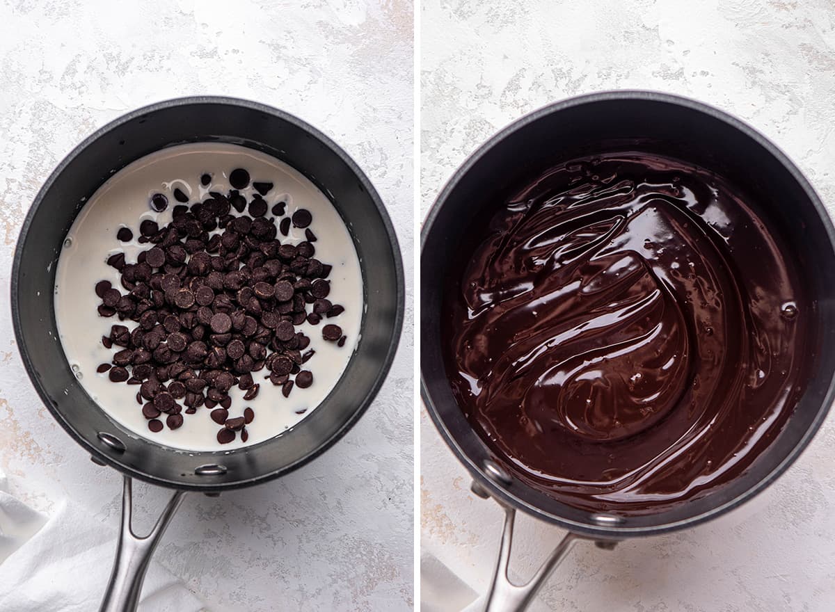 two photos showing How to Make Chocolate Cheesecake - making the ganache