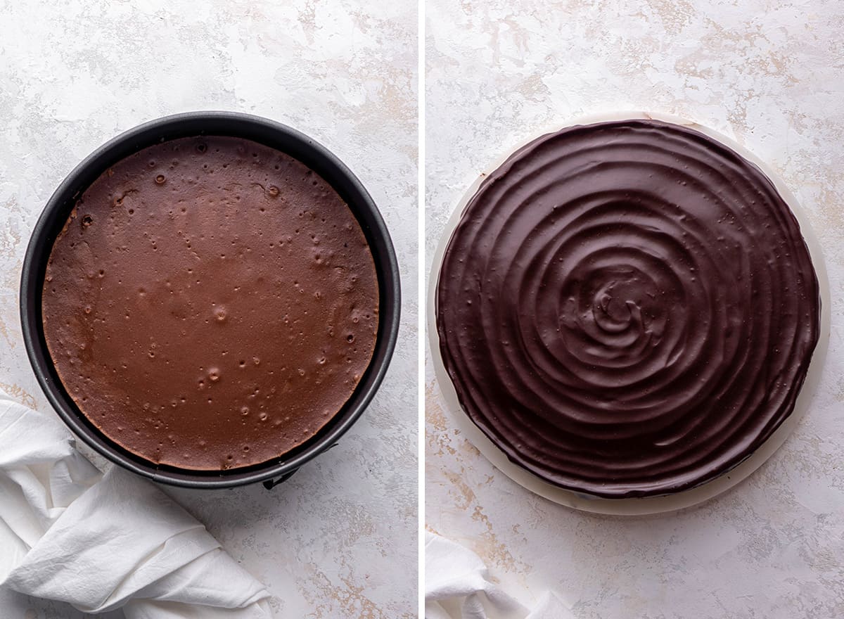 two photos showing How to Make Chocolate Cheesecake - before and after spreading the ganache on top