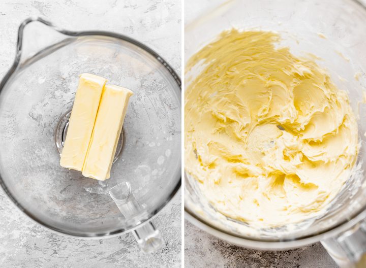 two photos showing How to Make Cream Cheese Frosting - beating butter