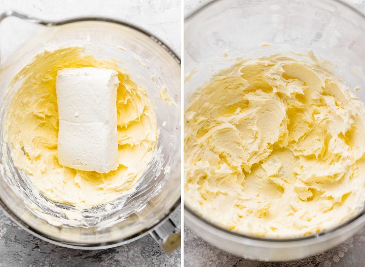two photos showing How to Make Cream Cheese Frosting - beating cream cheese into butter