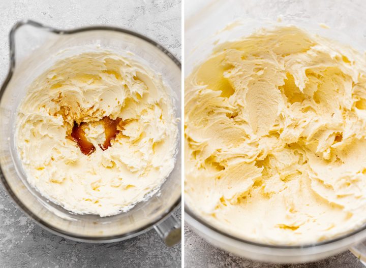 two photos showing How to Make Cream Cheese Frosting - beating vanilla and salt into butter cream cheese mixture