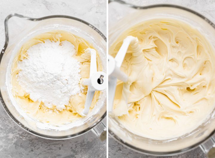 two photos showing How to Make Cream Cheese Frosting - adding powdered sugar