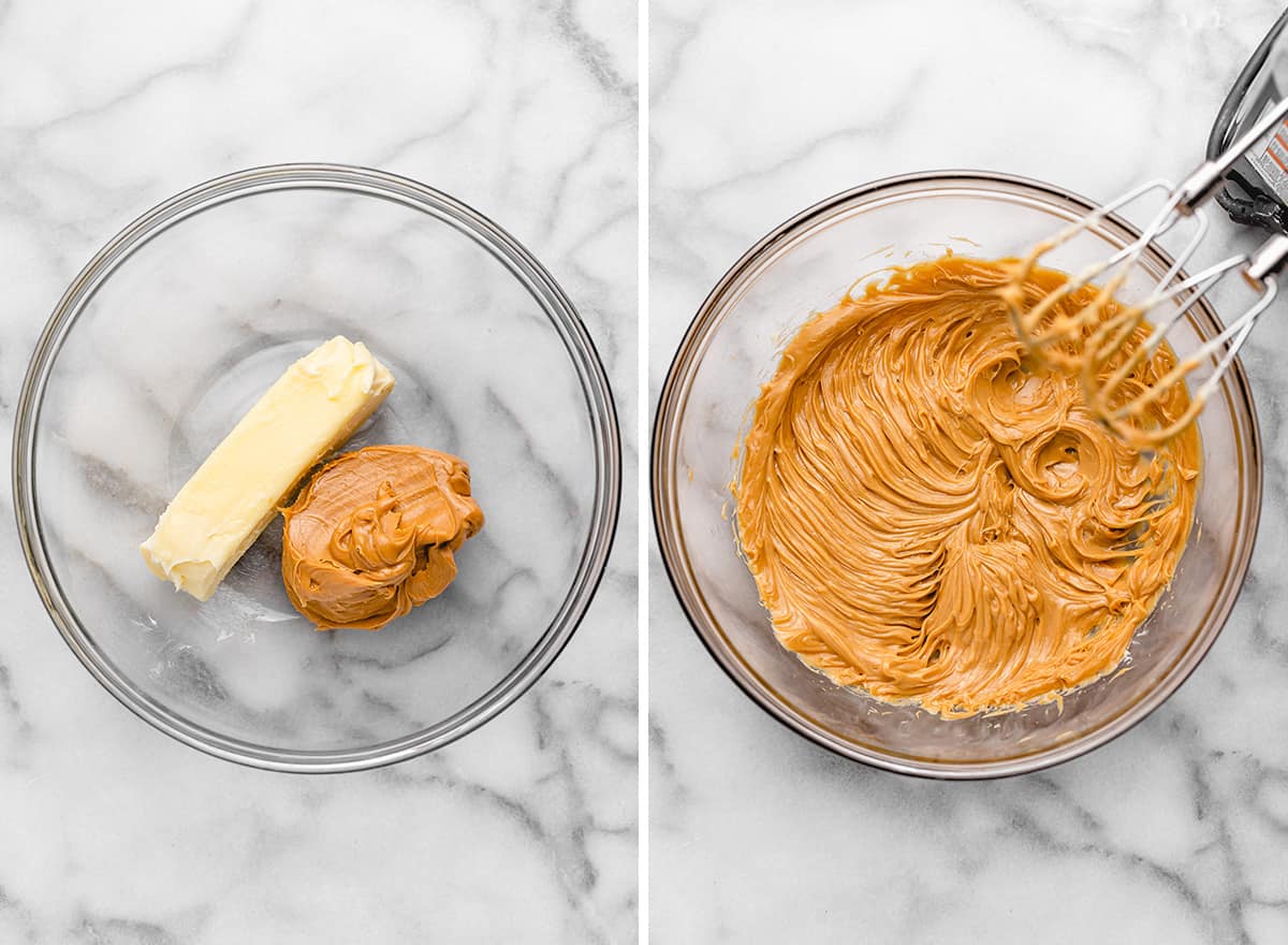 two photos showing How to Make Peanut Butter Frosting - beating butter and peanut butter