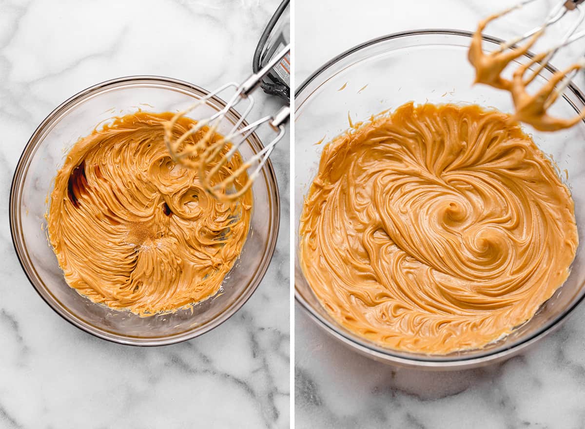 two photos showing How to Make Peanut Butter Frosting - adding vanilla and sea salt