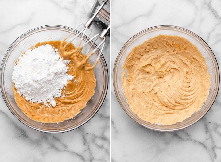 two photos showing How to Make Peanut Butter Frosting - adding powdered sugar