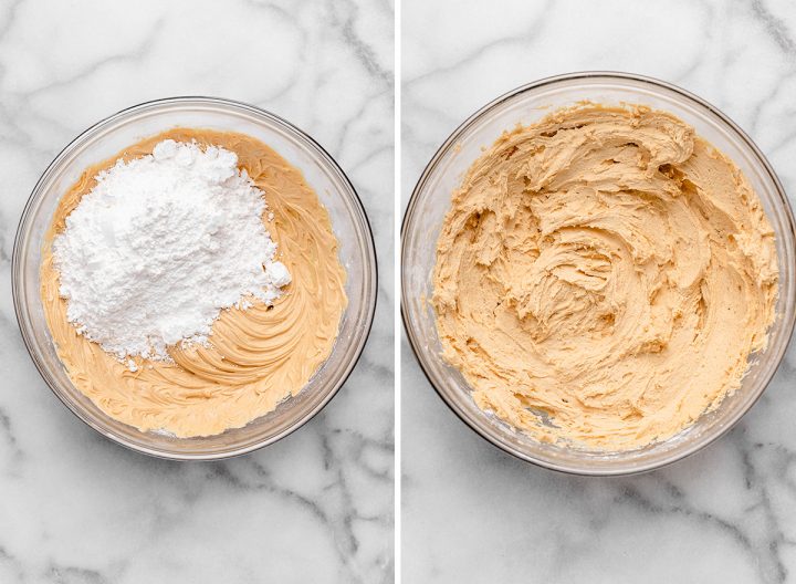 two photos showing How to Make Peanut Butter Frosting - adding more powdered sugar