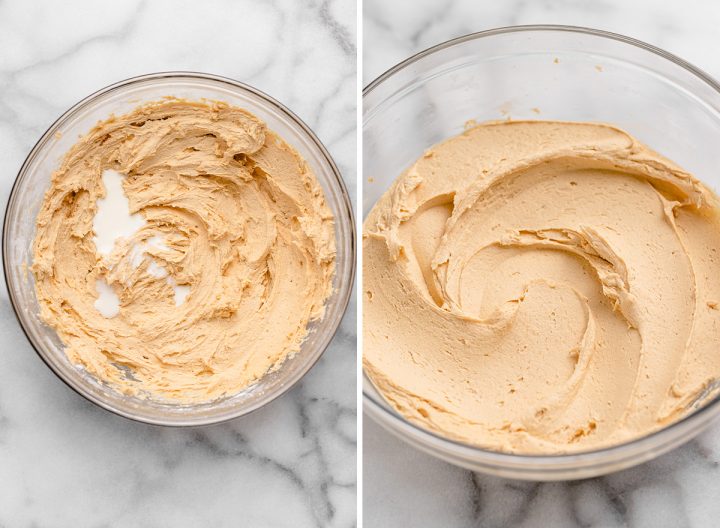 two photos showing How to Make Peanut Butter Frosting - adding milk