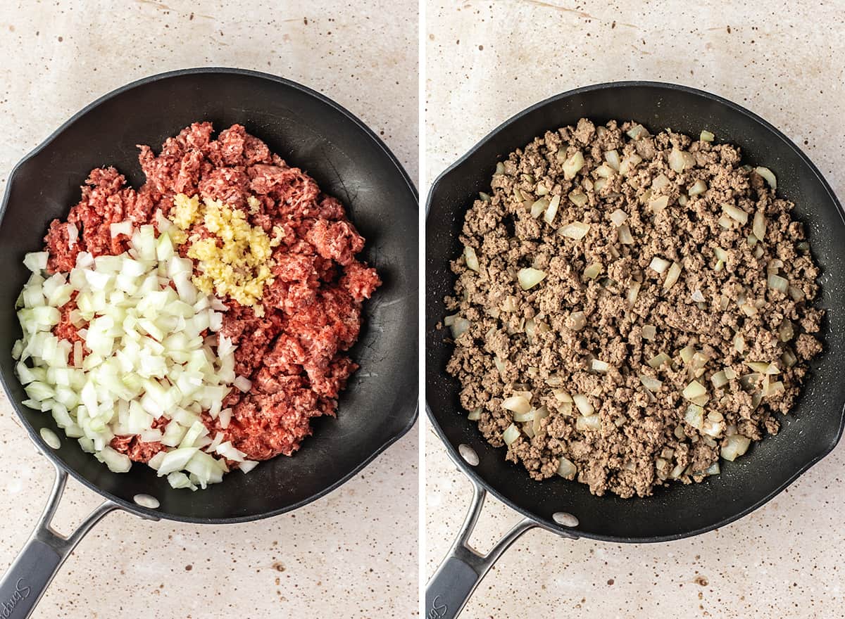 two photos showing How to Make Taco Soup - browning the onion, ground beef and garlic