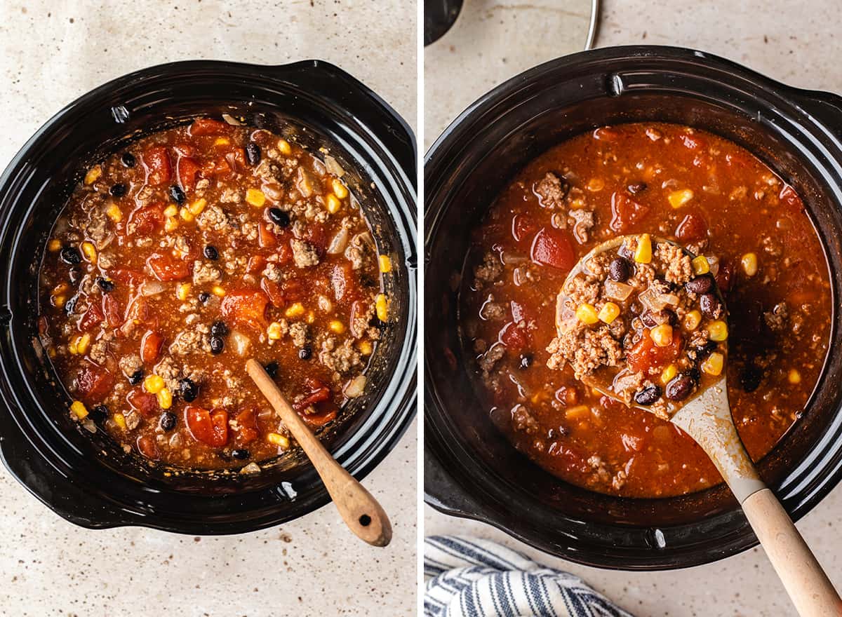 two photos showing How to Make Taco Soup in the slow cooker