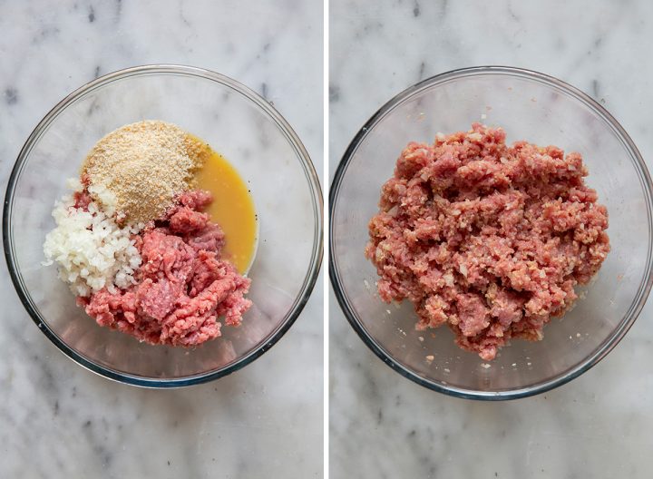 two photos showing How to Make Turkey Meatloaf adding meat, breadcrumbs and onion