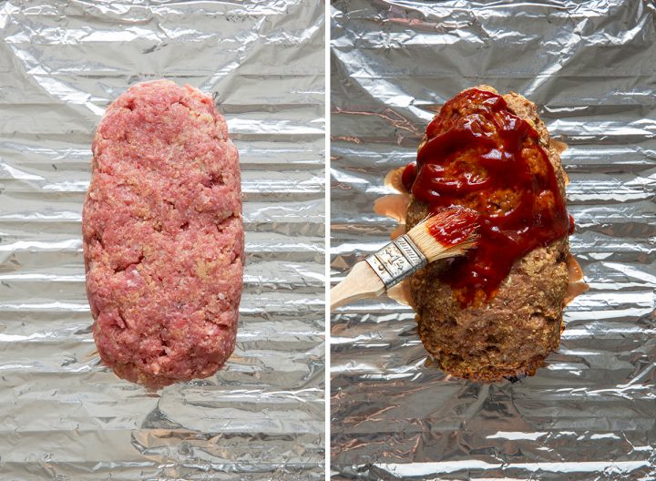 two photos showing How to Make Turkey Meatloaf on a baking sheet before baking and then brushing glaze on top during baking