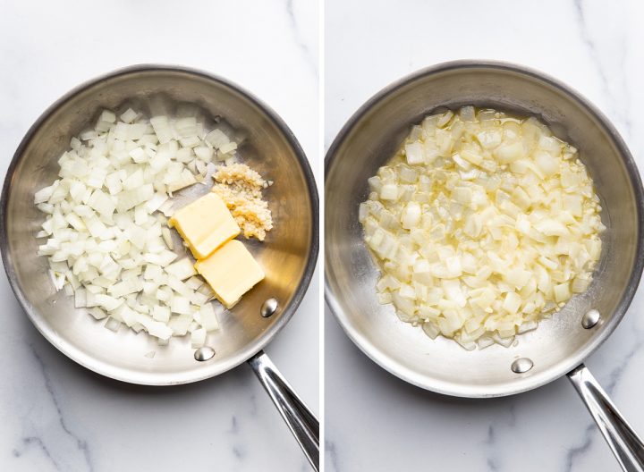 two photos showing How to Make Wild Rice - cooking onions and garlic in butter
