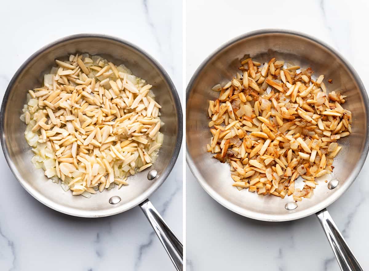 two phots showing how to make wild rice - browning the slivered almonds