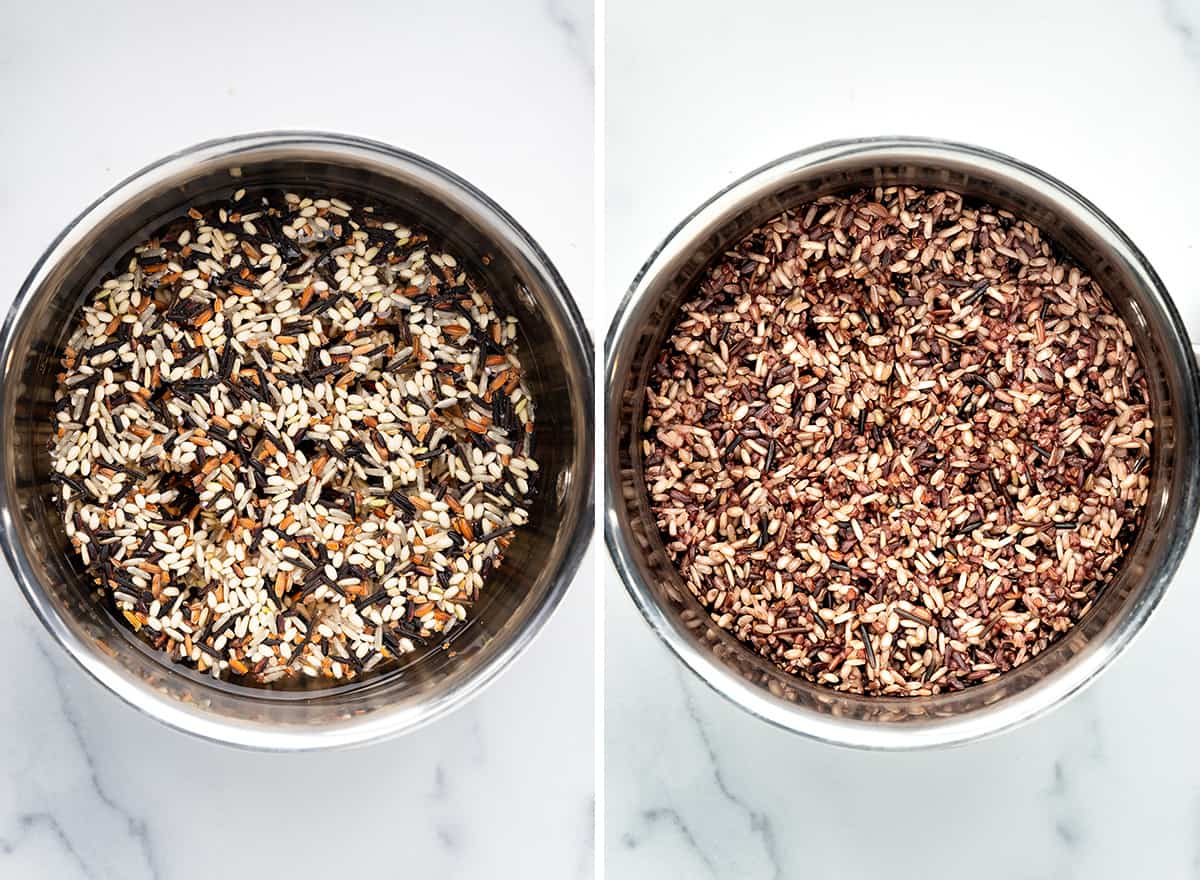 two photos showing How to Make Wild Rice - cooking the rice with water