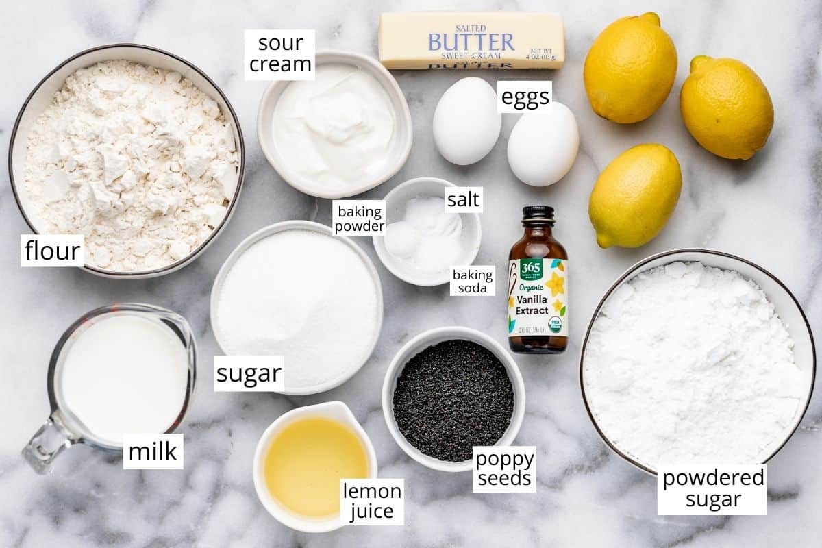 overhead photo of the ingredients in this Lemon Poppy Seed Cake recipe