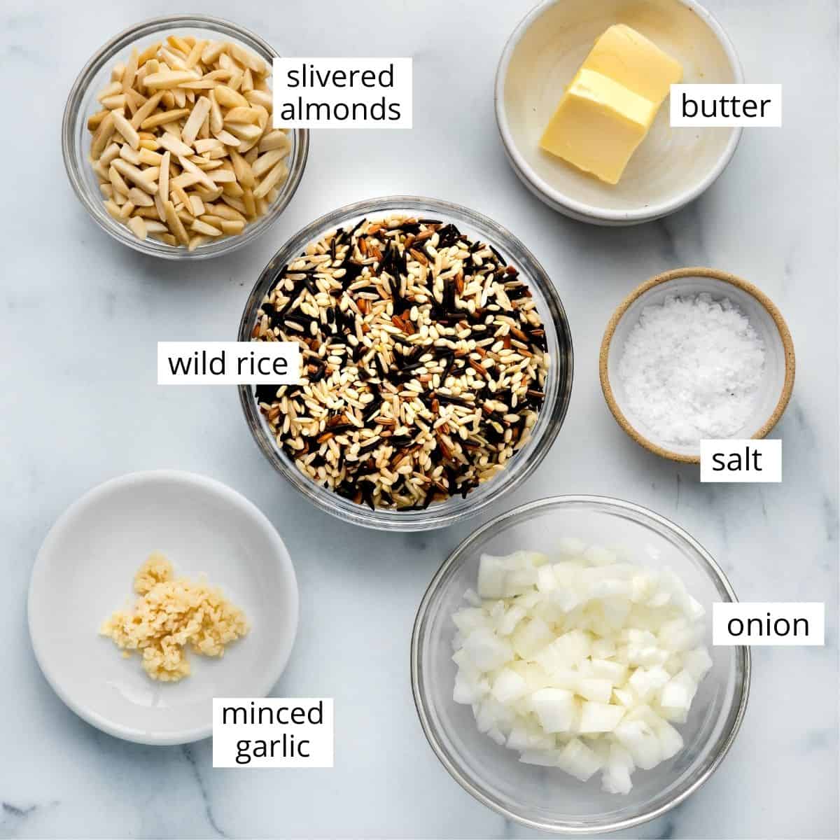 overhead photo of the ingredients in this Almond Wild Rice Recipe