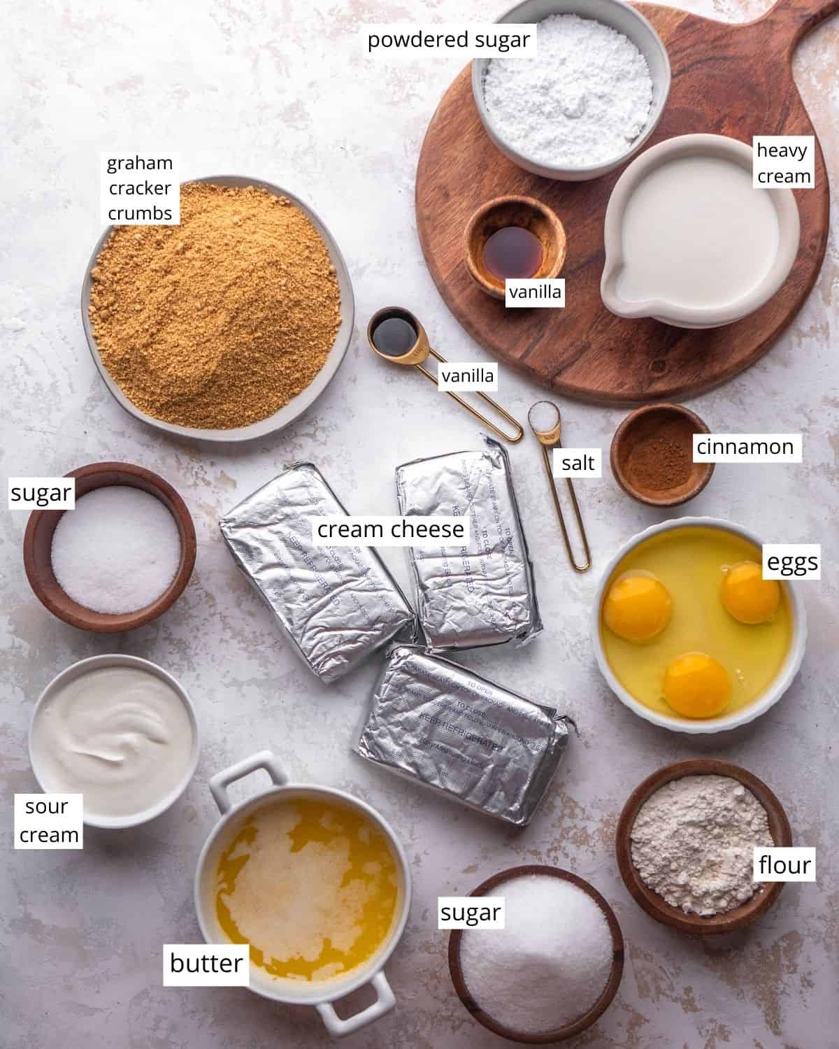 overhead view of the ingredients in this Best Cheesecake Recipe