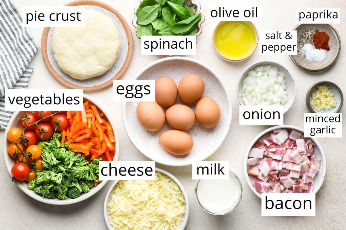 overhead photo of the labeled ingredients in this Best Easy Quiche Recipe