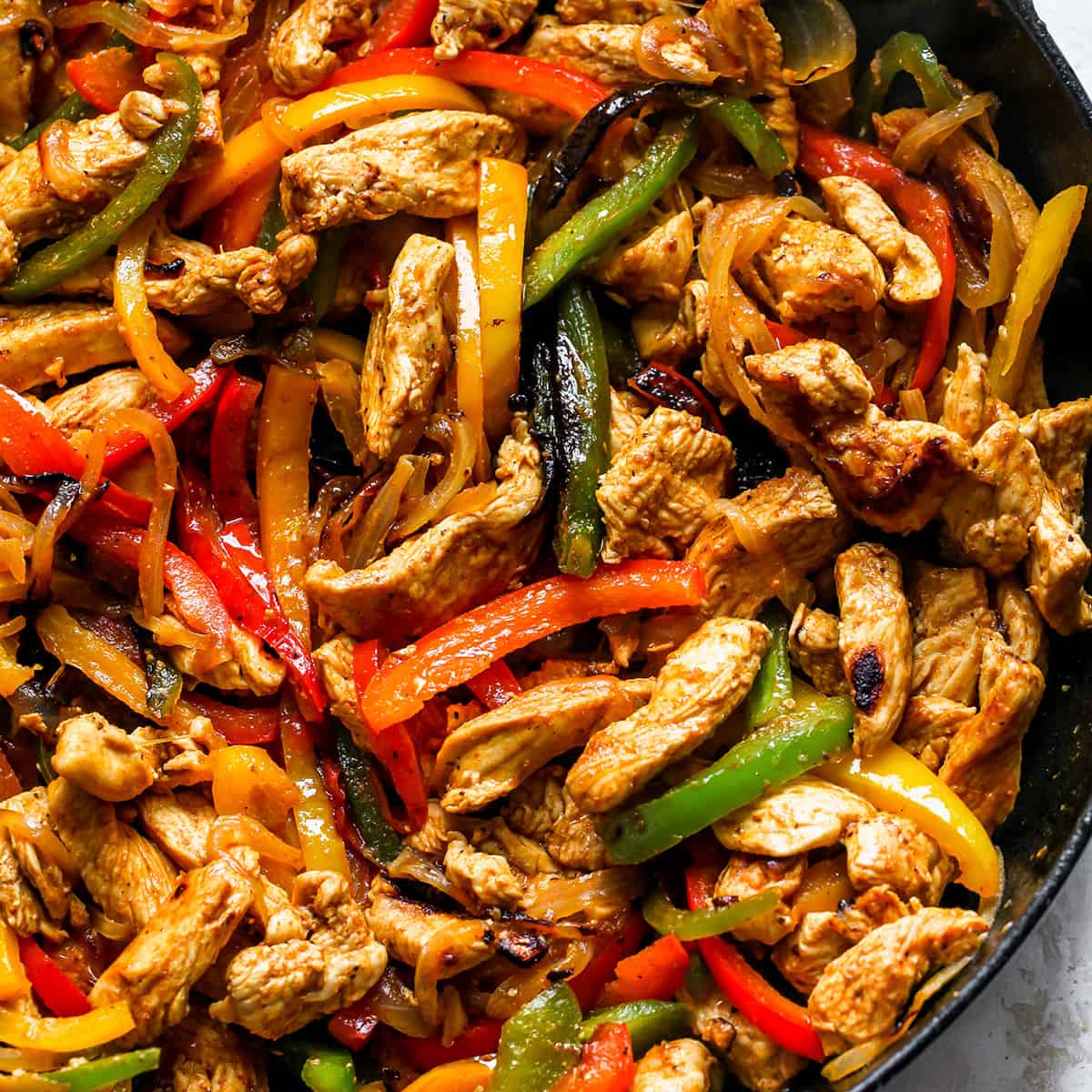 Chicken Fajitas in a cast iron skillet