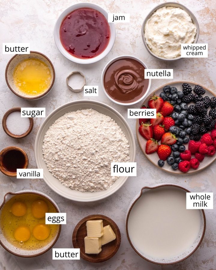 overhead view of the ingredients in this Best Crepe Recipe