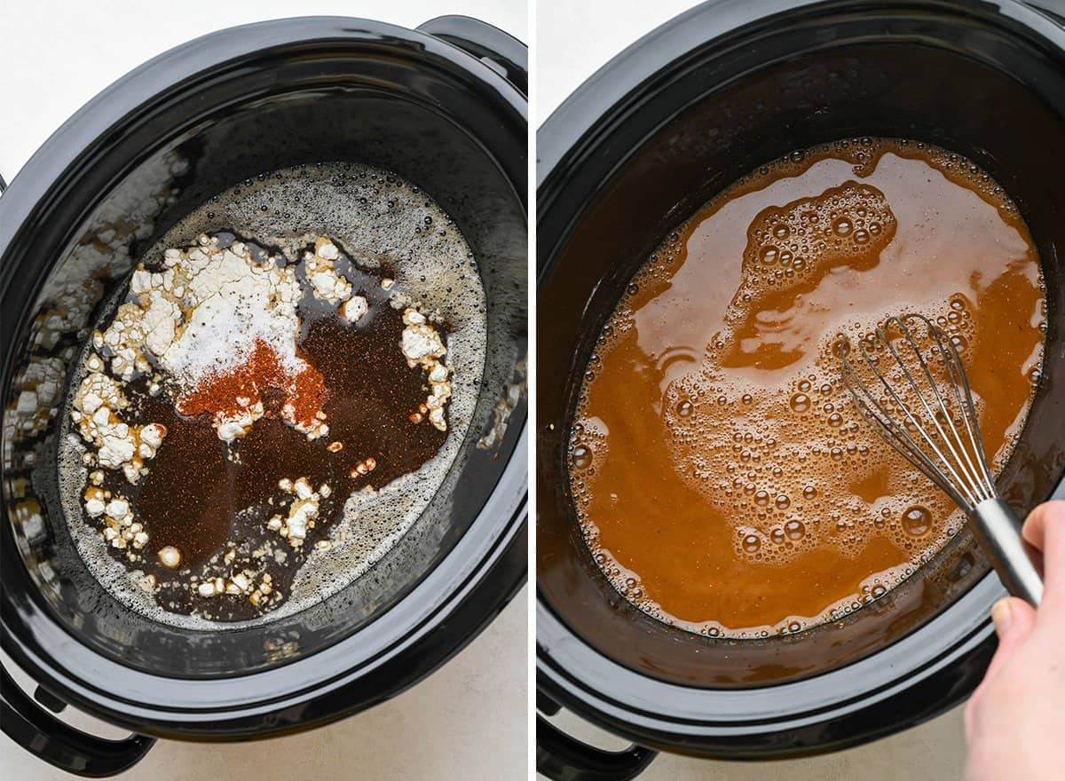 two photos showing How to Make Beef Stew - whisking the sauce ingredients together in the container of a slow cooker. 